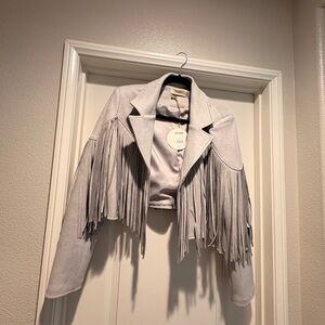 Women's Fringe Suede Cropped Jacket - Light Gray
